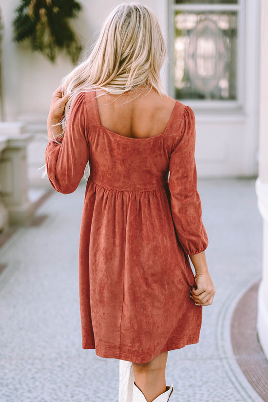 Brown suede dress with square neck and puffed sleeves