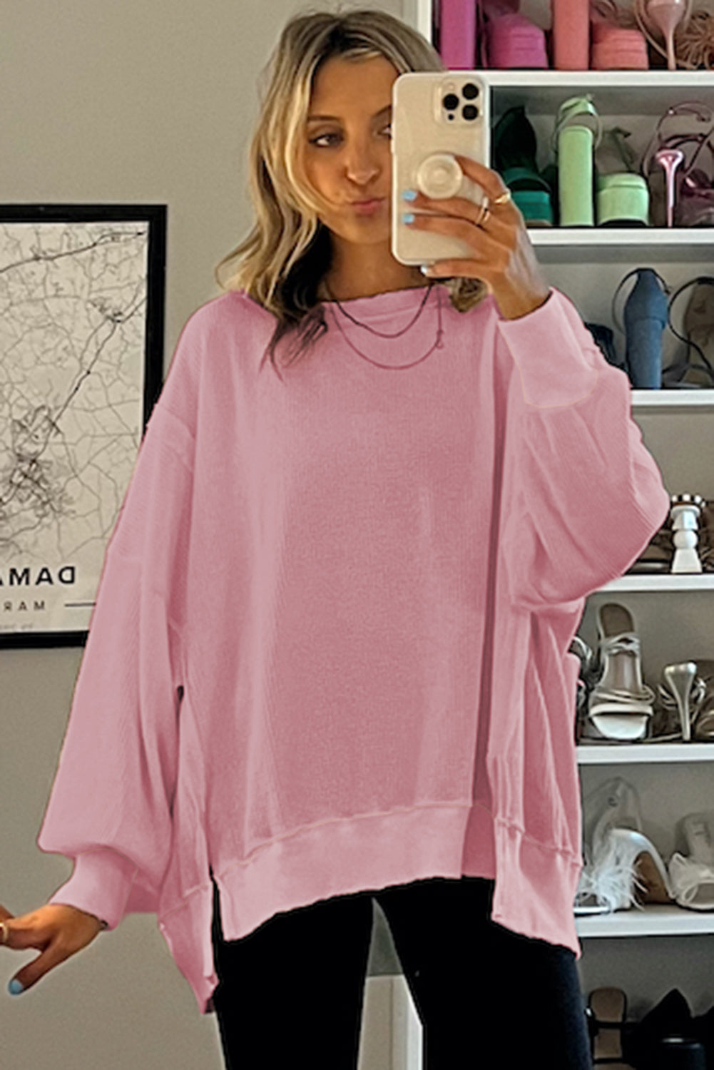 Pink Waffle knit Bishop Sleeve Split Oversized Top