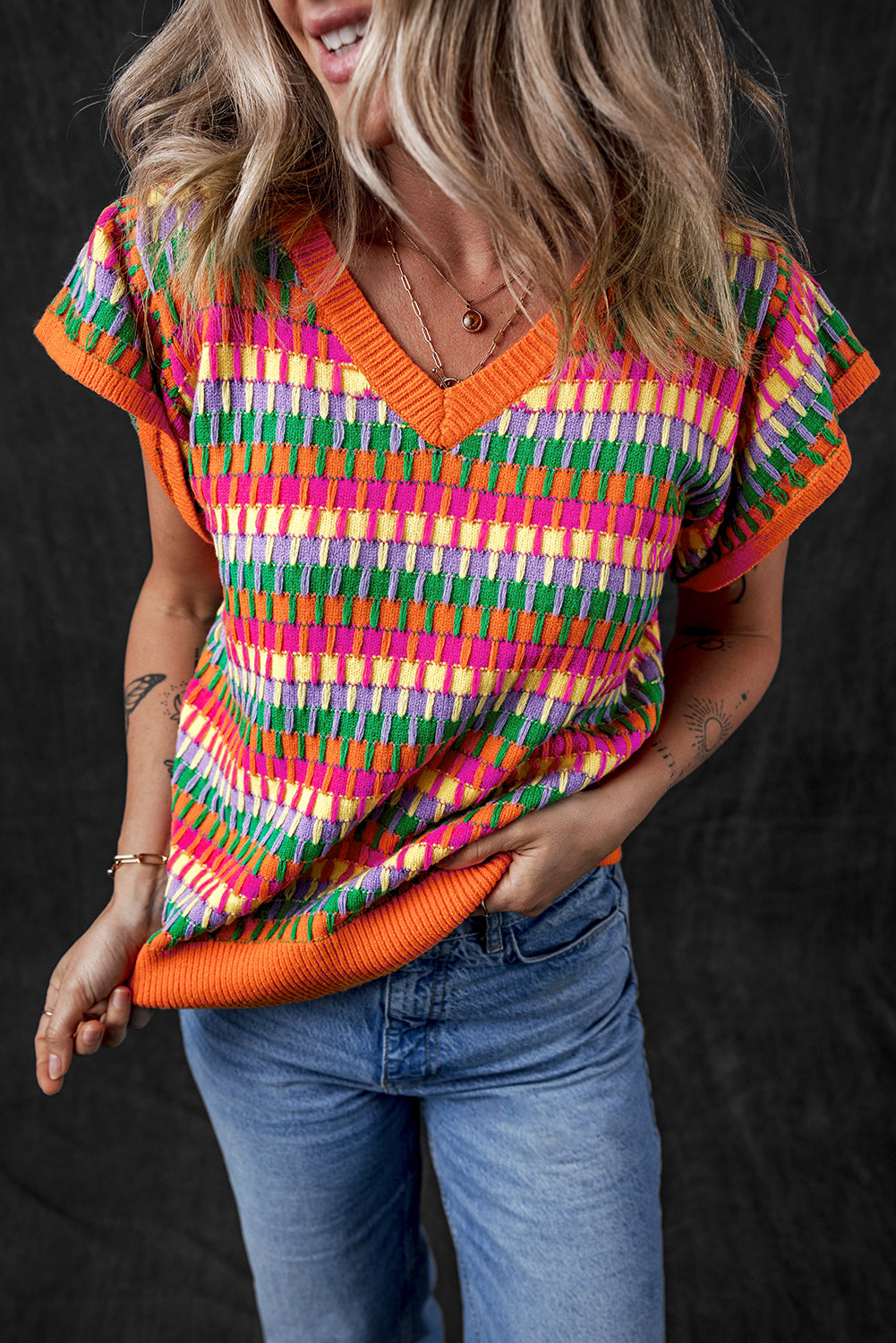 Top maglione a maglia a maglia arancione arancione multicolore