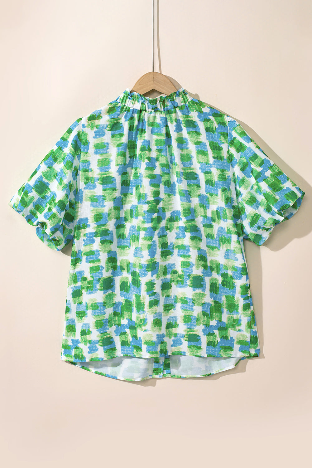 Green Abstract Print Button Back Ruffled High Neck Blouse