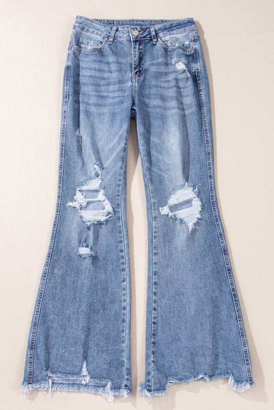 Twilight Blue High Waisted Ripped Flare Jeans with Distressed Hem