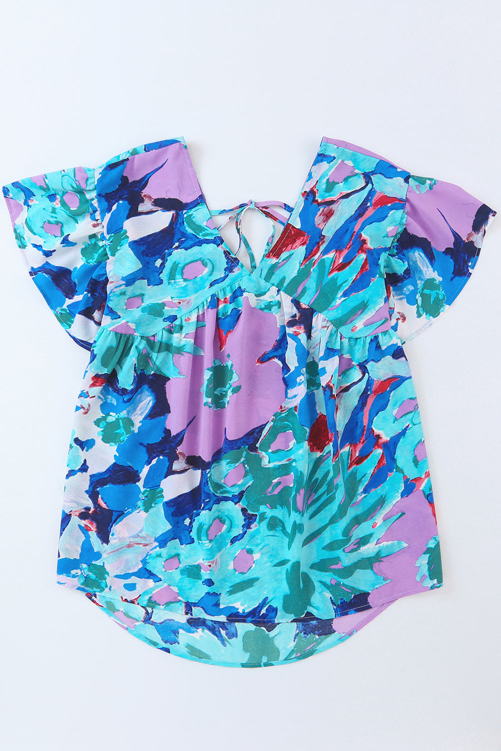 Sky Blue Abstract Print V Neck Flutter manga Blusa