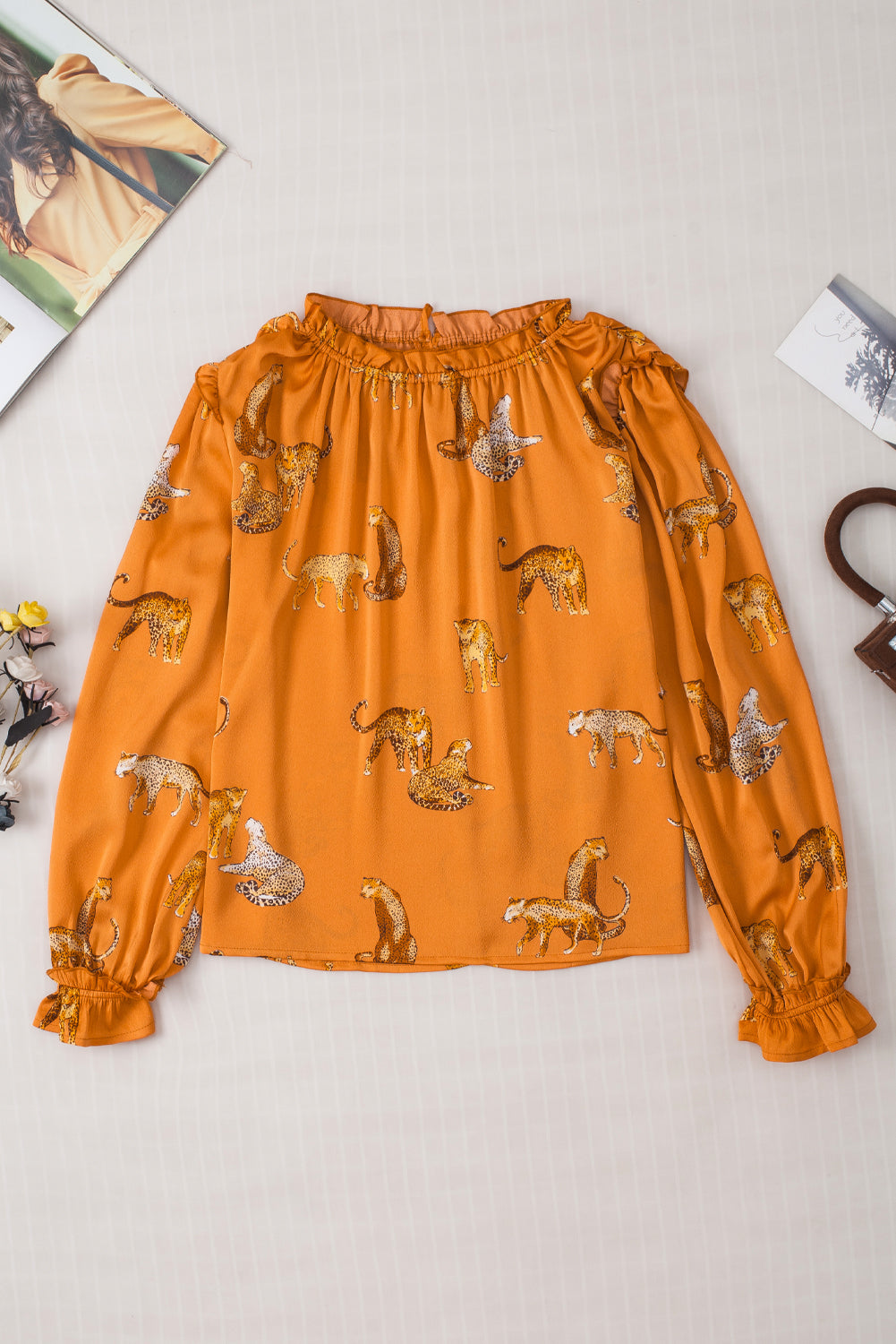 Blouse à manches à volants imprimées orange guépard