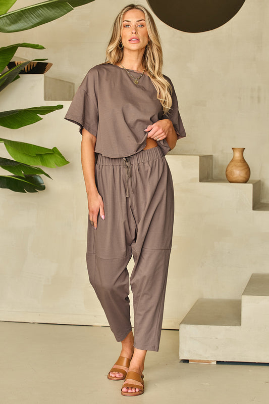 Ensemble t-shirt et pantalon court Simply Taupe High Low Boxy Fit