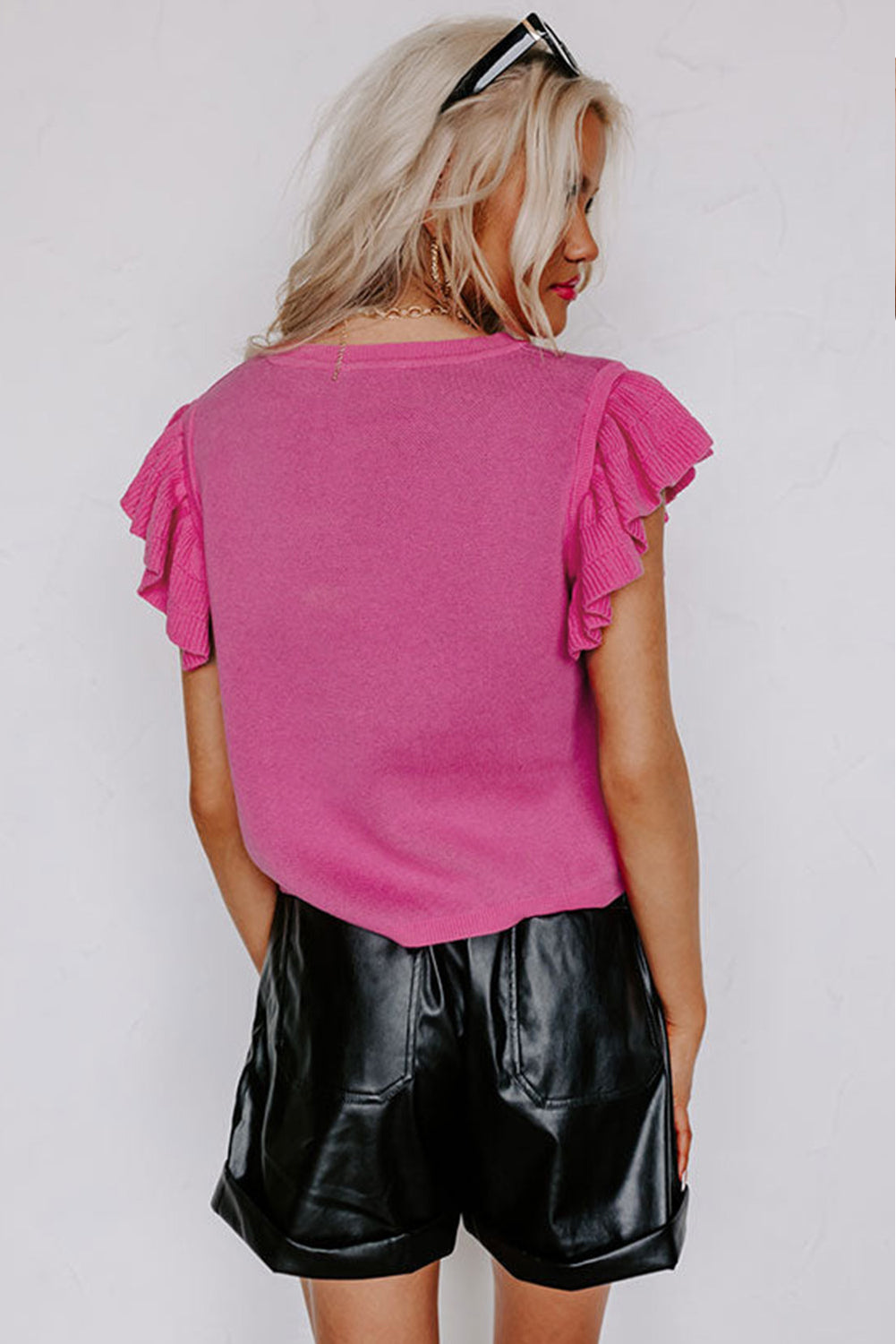 Pull en tricot à col rond et manches à volants léopard rose