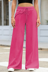 Red Rose - Terry Knit Sweatpants with Drawstring and Smocked Waist, Wide Leg