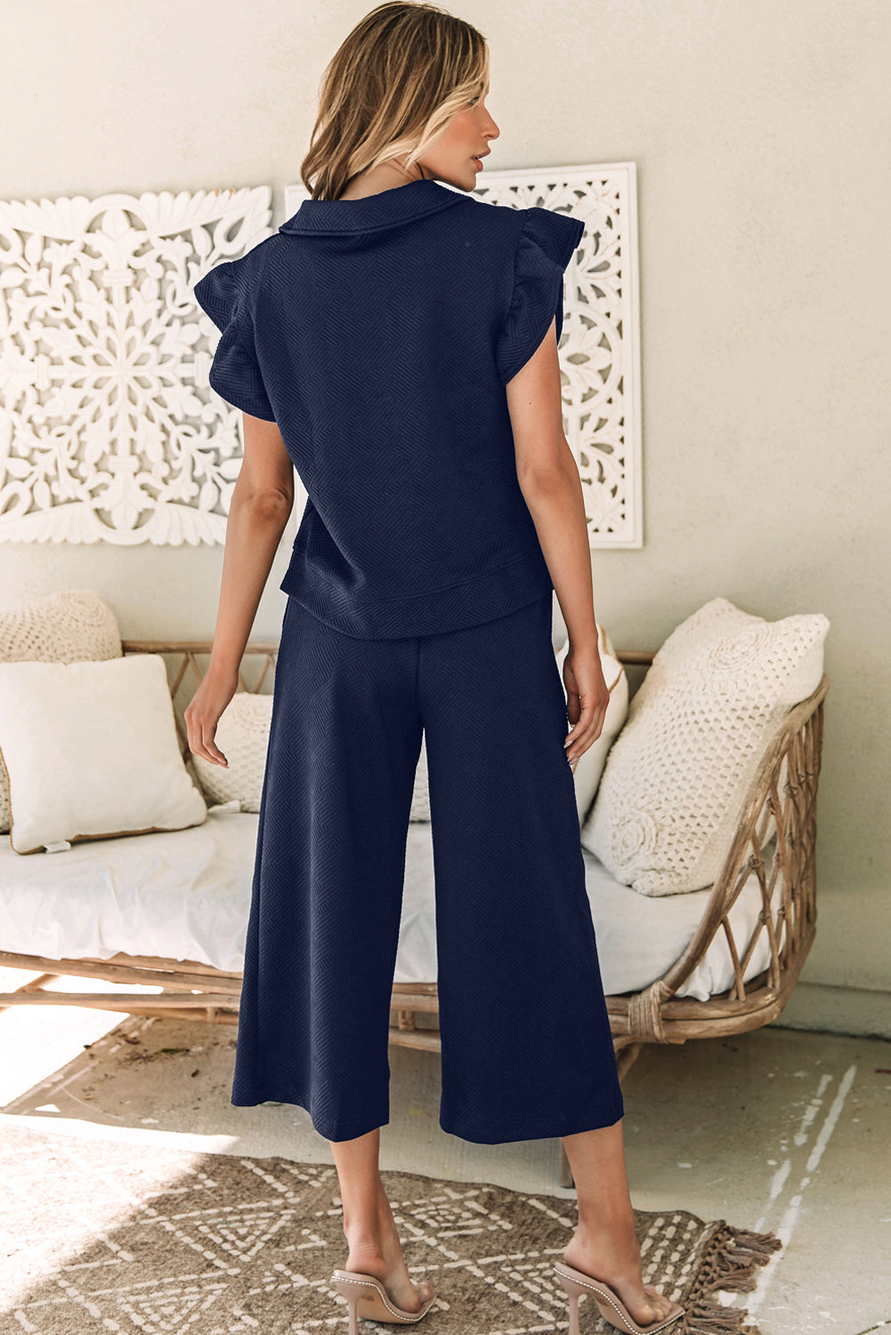 Navy Blue Textured Flutter Sleeve Top and Wide Leg Pants Set