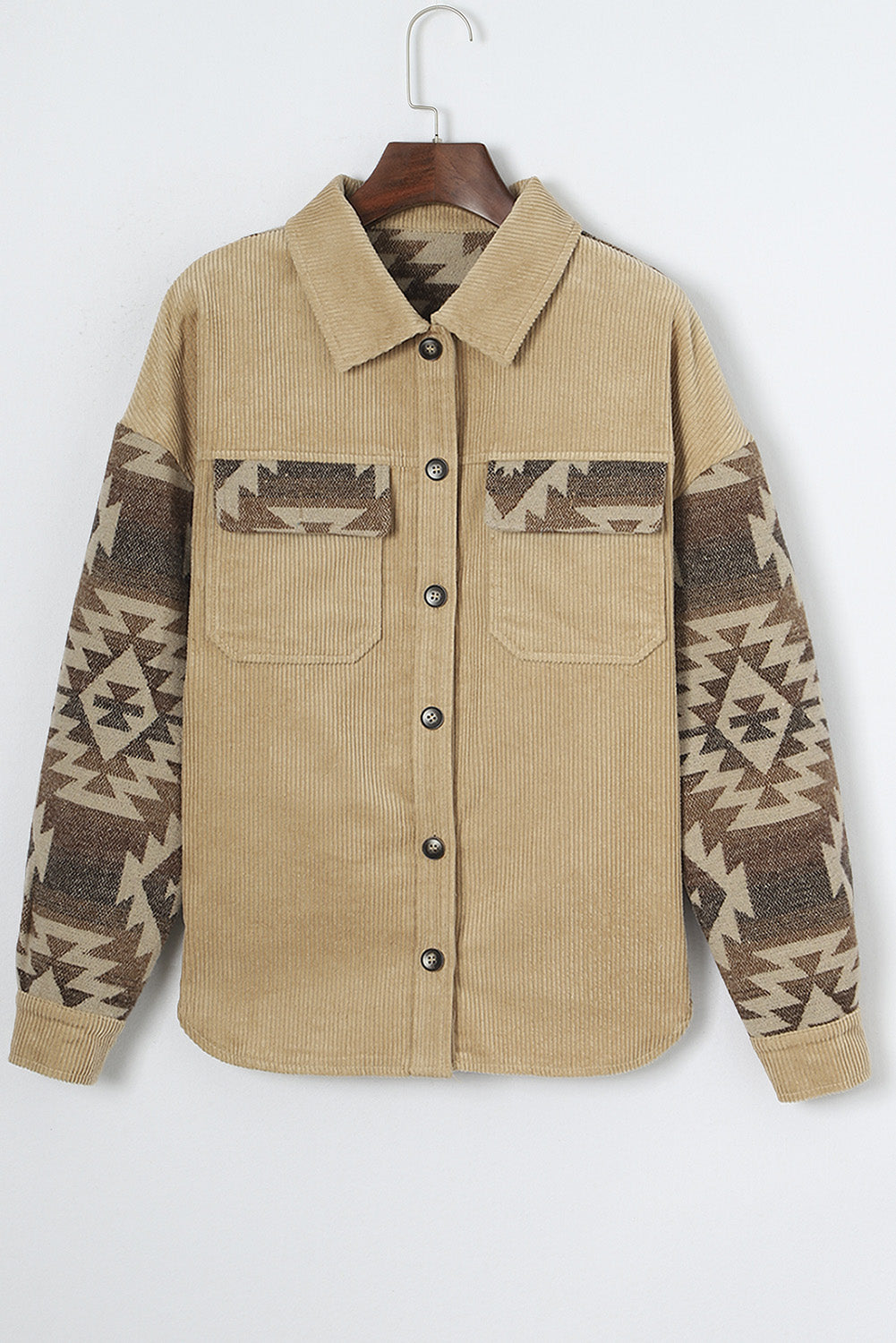 Khaki Aztec Print Patchwork Patchwork Edge Corderhoy Veste