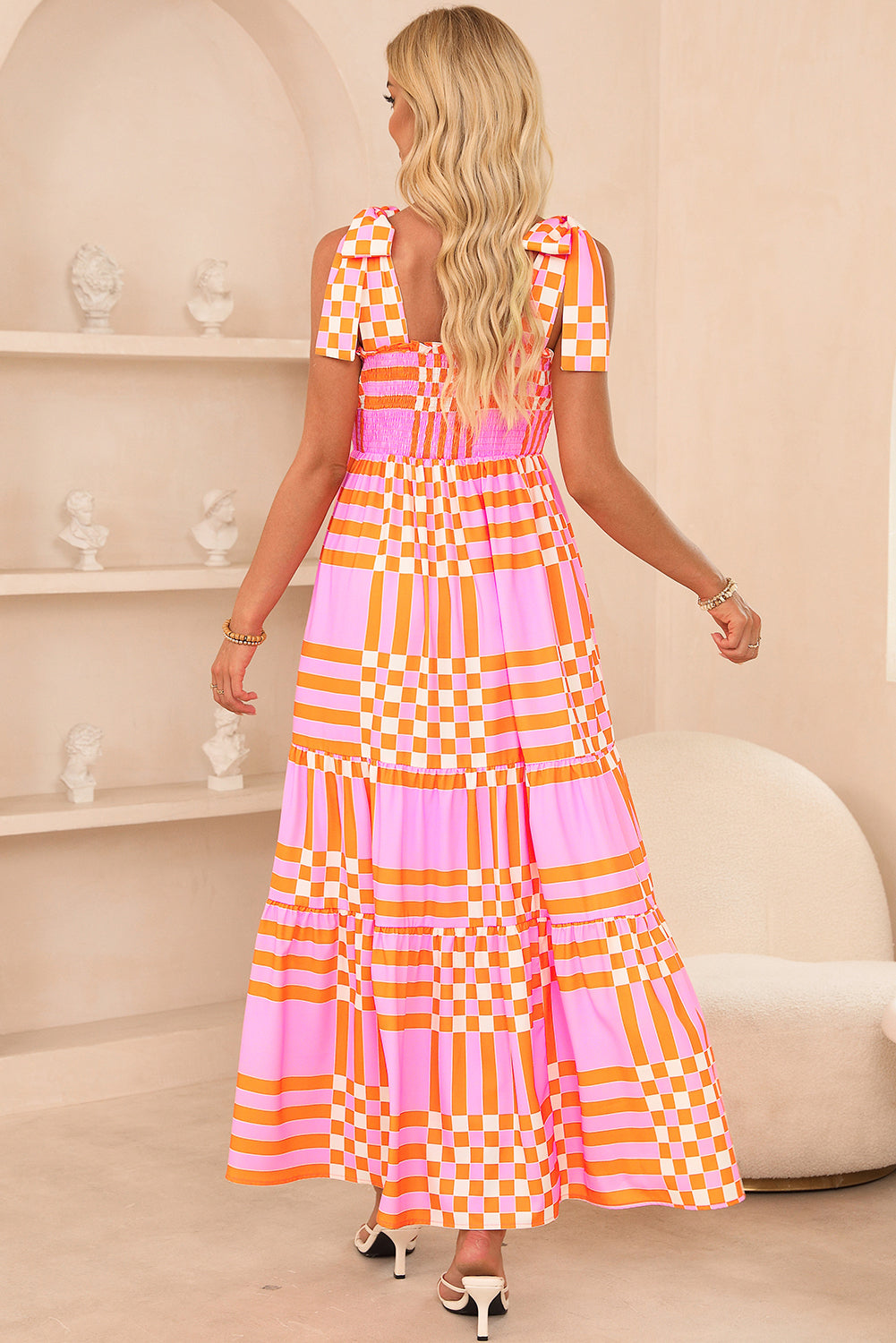 Cnocchette rosa boho gingham maxi vestito