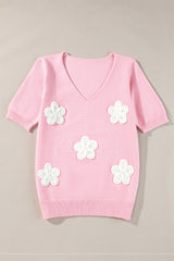 Short -sleeved sweater and pink flower hrp -in collar