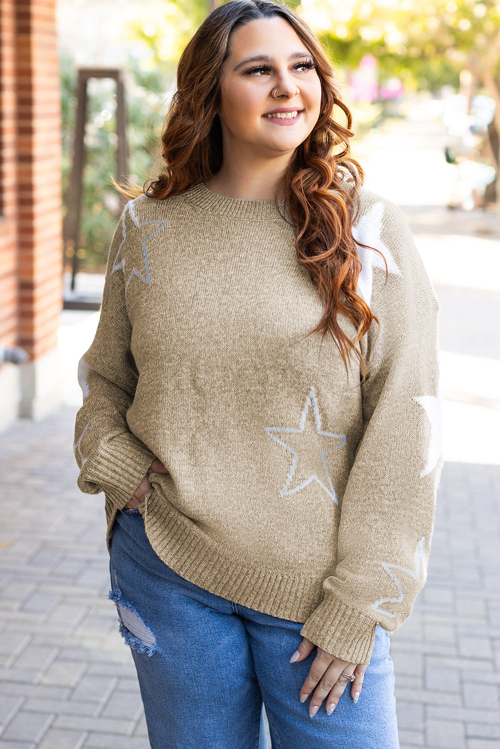 Khaki Star Patten Drop Should Plus Size Sweater