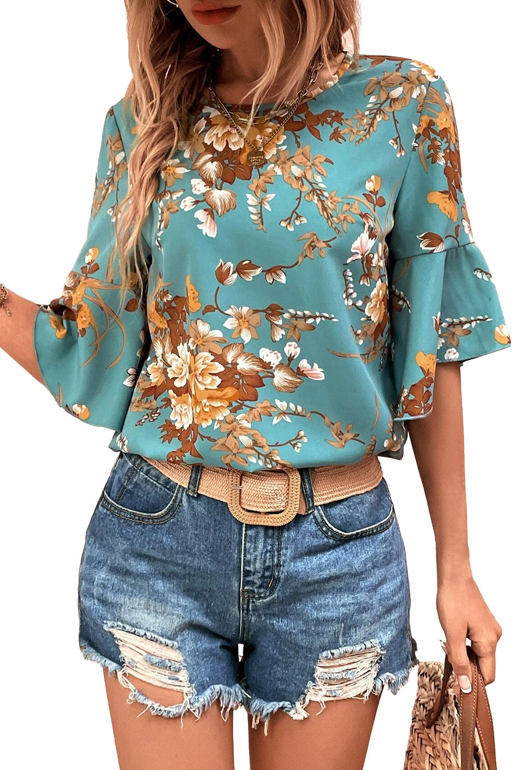 Blusa floral de manga de bengala azul mineral