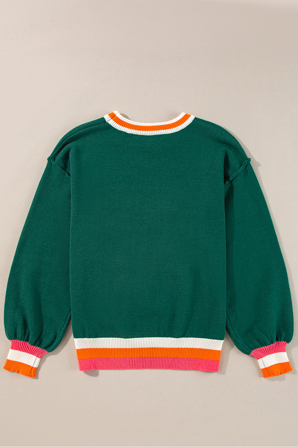 Blackish green color block striped trim drop shoulder sweater