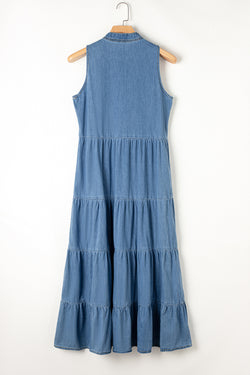 Vestido azul largo en Chambray en varios niveles sin mangas