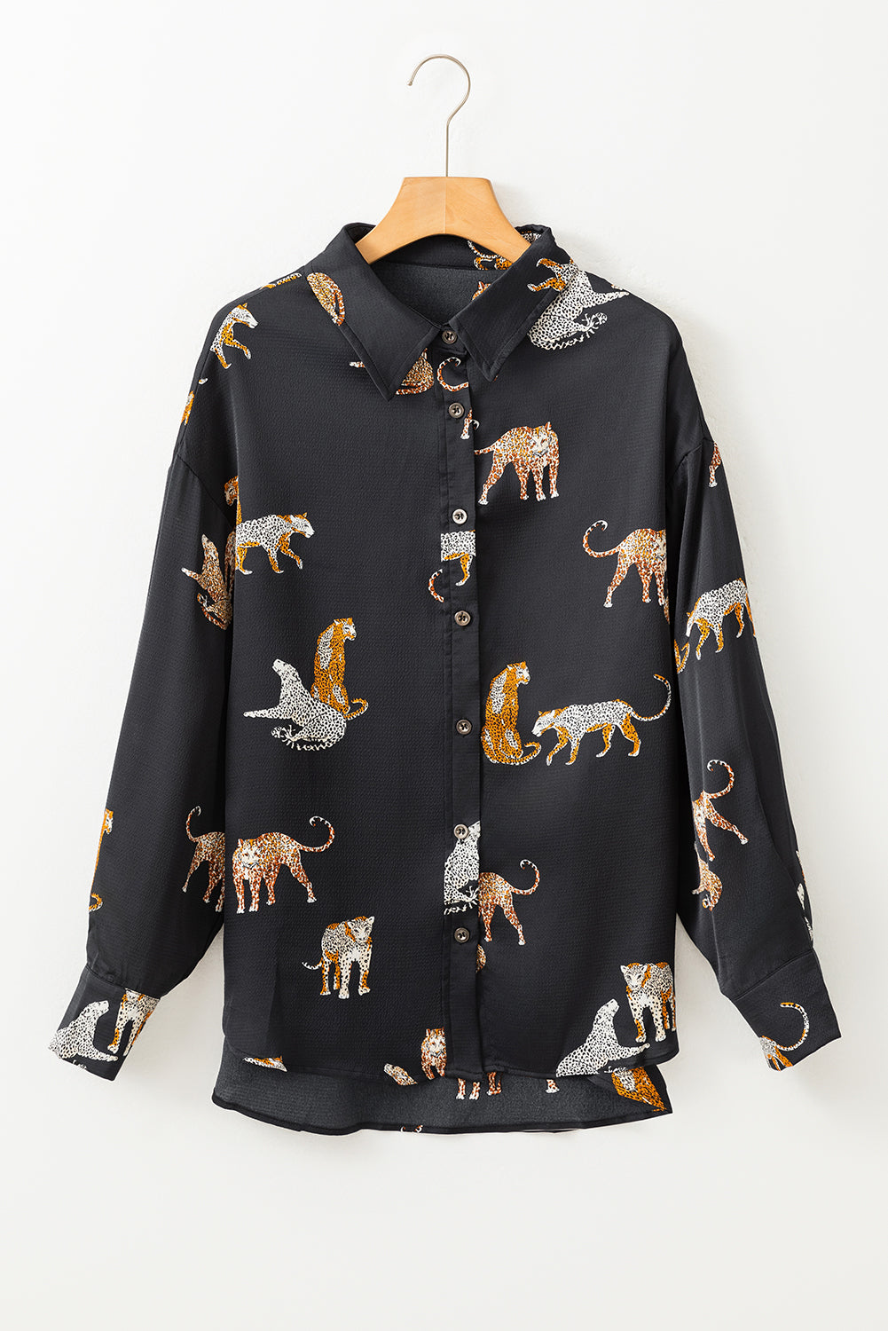 Black Cheetah Animal Print Button Up Satin Shirt