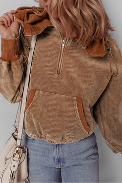 Brown corduroy hoodie with half zip and kangaroo pocket with drawstring