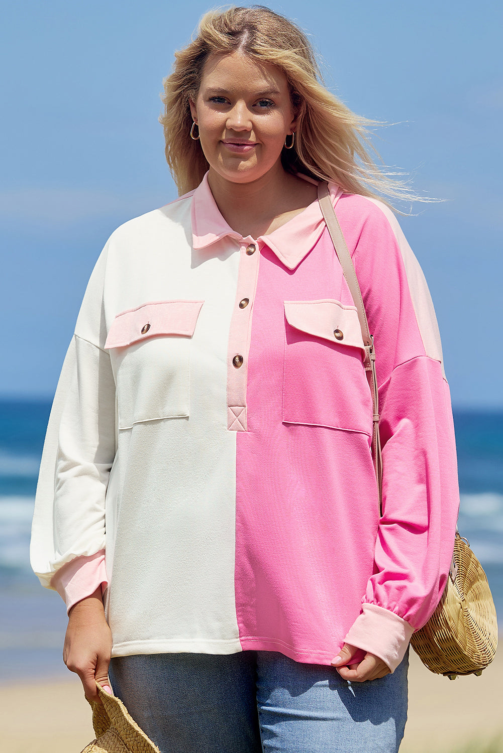 Bonbon Color Block Sweatshirt with Chest Pockets and Half Button, Plus Size