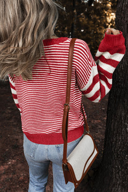 Red Striped Textured Drop Shoulder Sweater