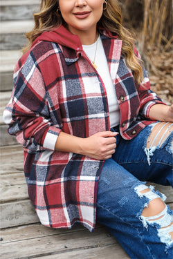 Plus Size Red Plaid Printed Buttoned Hooded Jacket