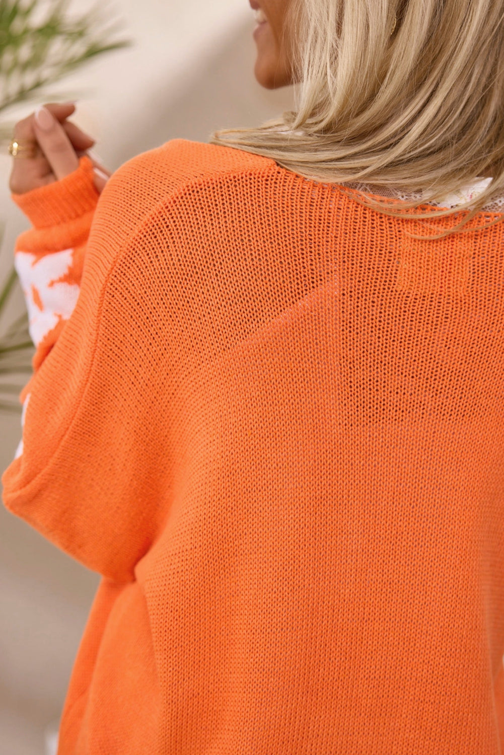 Cardigan à Epaules Tombantes à Motif de Fleurs Orange Grande Taille