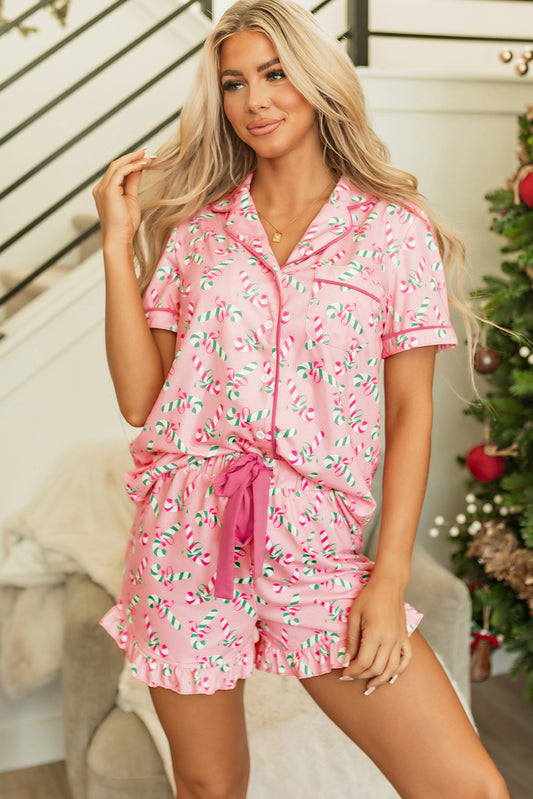 Ensemble de pyjama noué avec poches et imprimé canne en bonbon de Noël rose