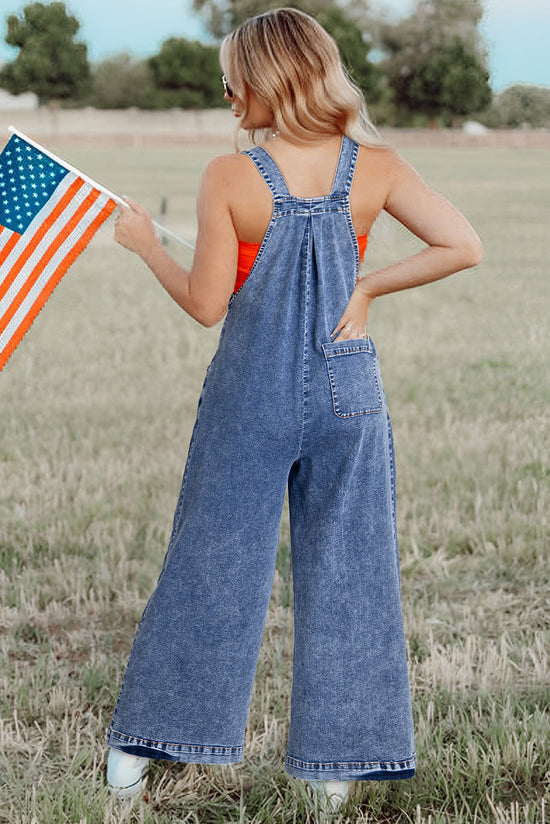 Light Blue Wide Leg Denim Overalls with Buttoned Straps