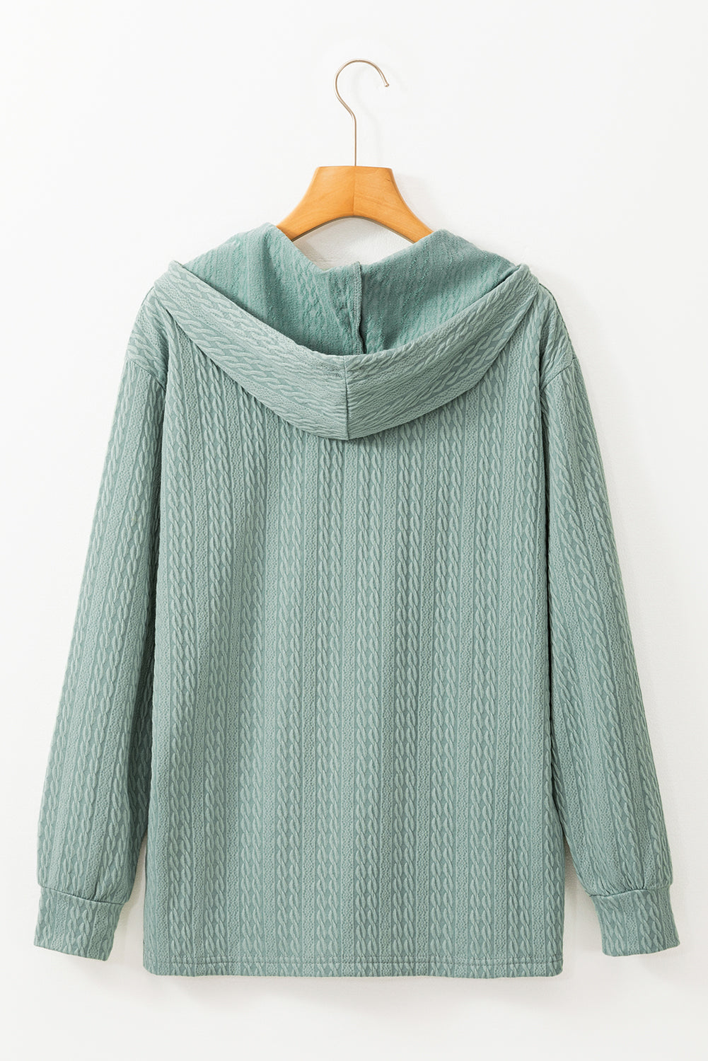 Mint Green Textured Drawstring Hooded Long Sleeve Button Front Top