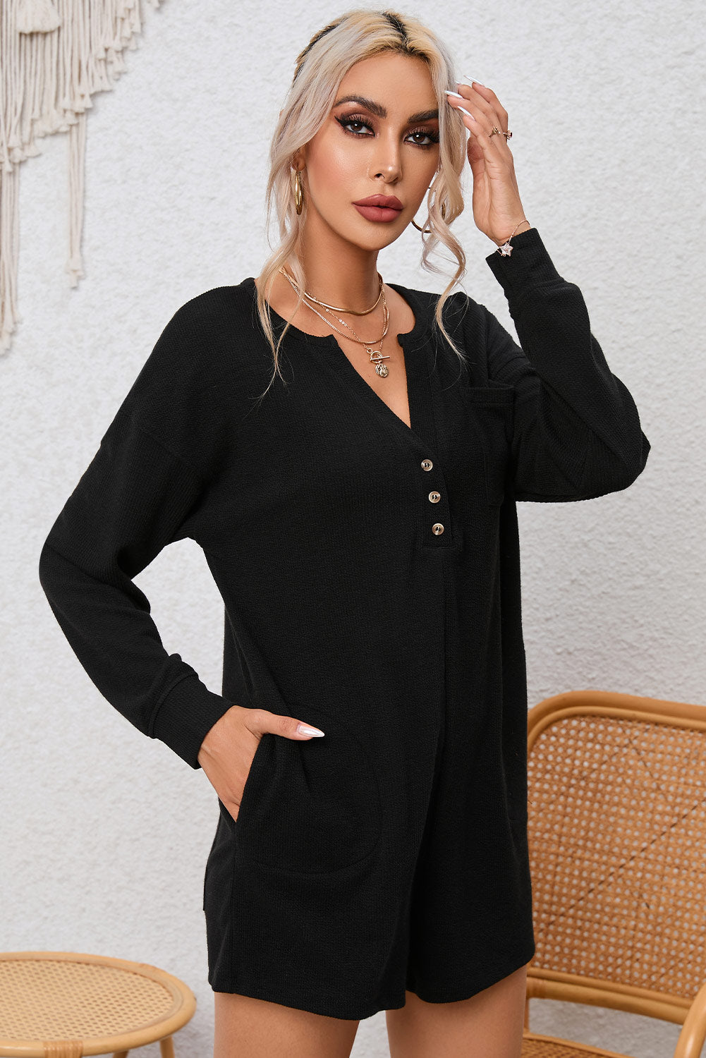 Black Brushed Long Sleeve V-Neck Split Ribbed Button Romper