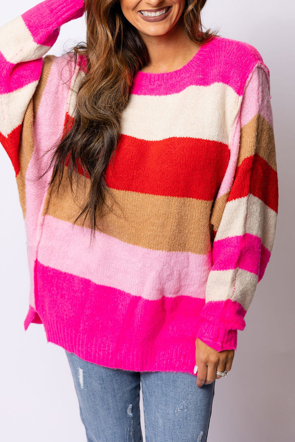 Bright Red Horizon Mixed Stripe Batwing Sleeve Sweater