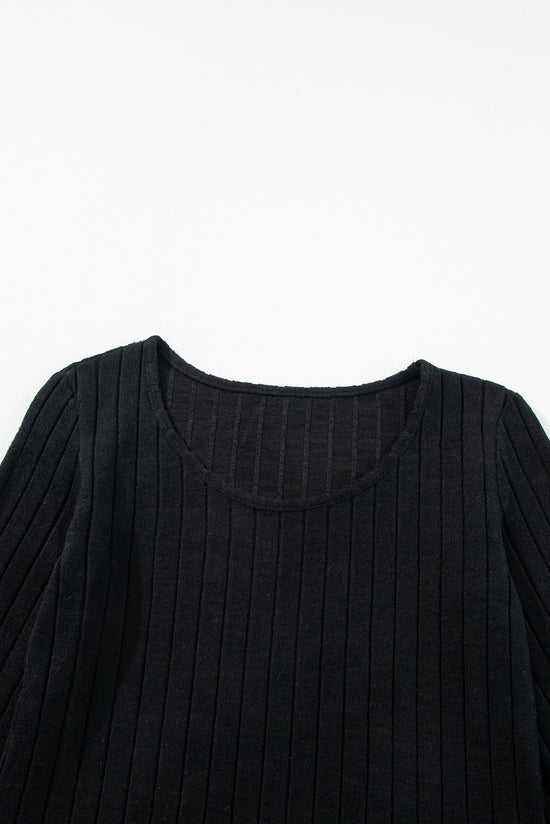 Black ribbed top with bishop sleeves and round neck