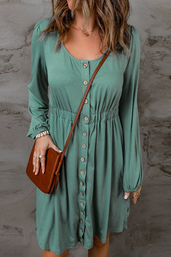 Green long sleeve high waist buttoned dress