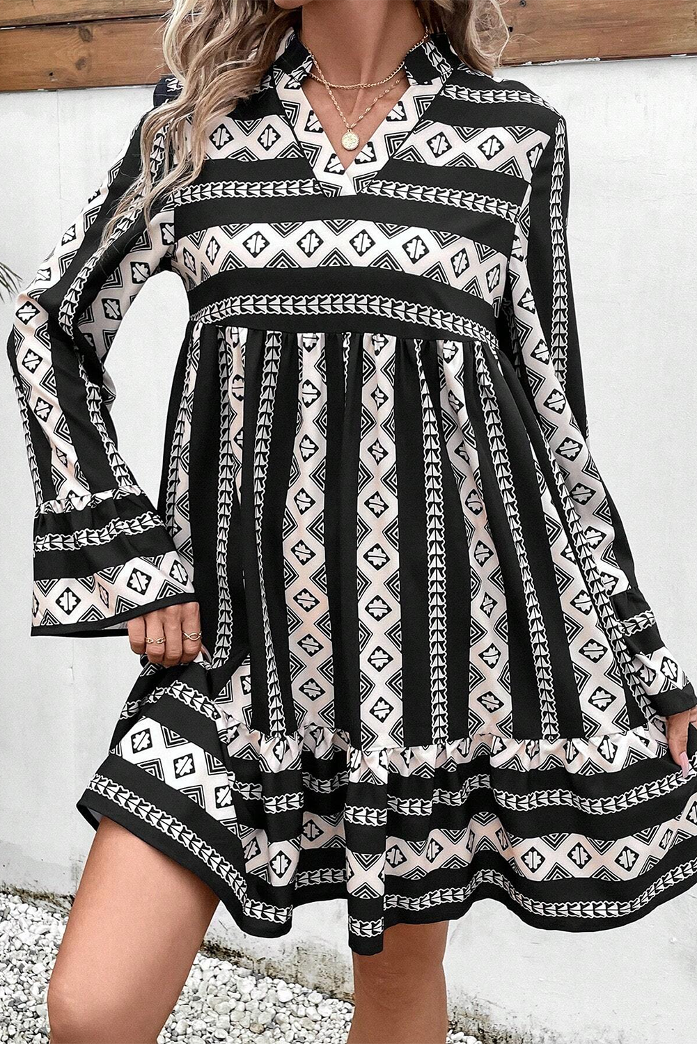 Black Boho Geométrico impreso estampado Mini Mini Vestido