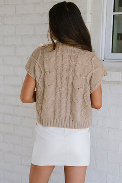 Short -sleeved sweater with satin bow tie color block simplely taupe in twisted knitting