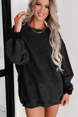 Black plain ribbed knit crew neck sweatshirt