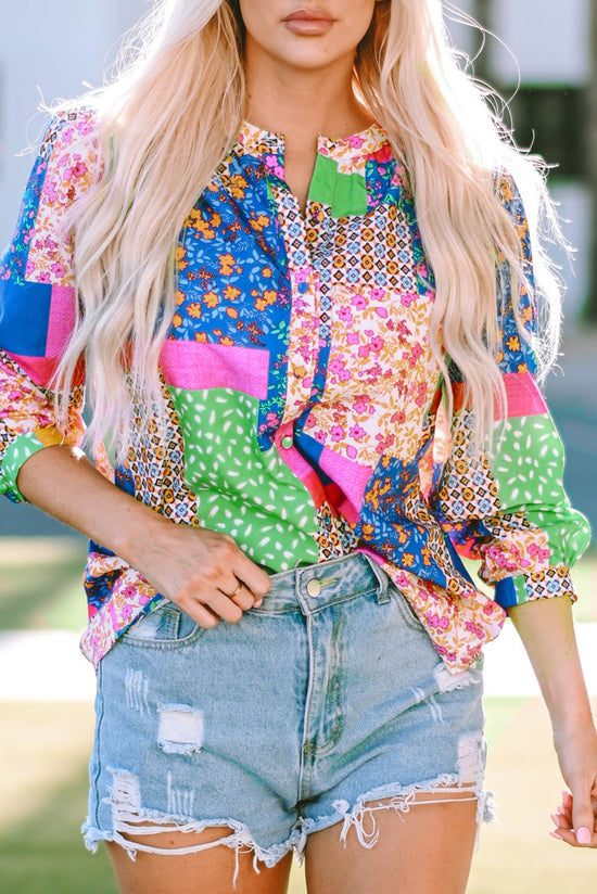 Multicolored floral print puffy sleeve shirt