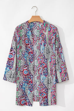 Red open front kimono with paisley print