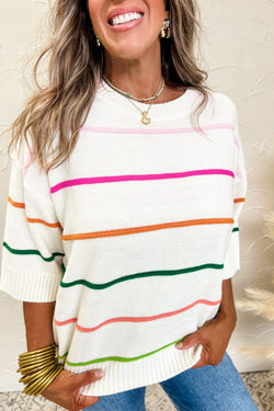 White sweater with color block stripes with half-driving and drooping shoulders