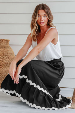 Long black high waist skirt with Ricrac and Color Block edges