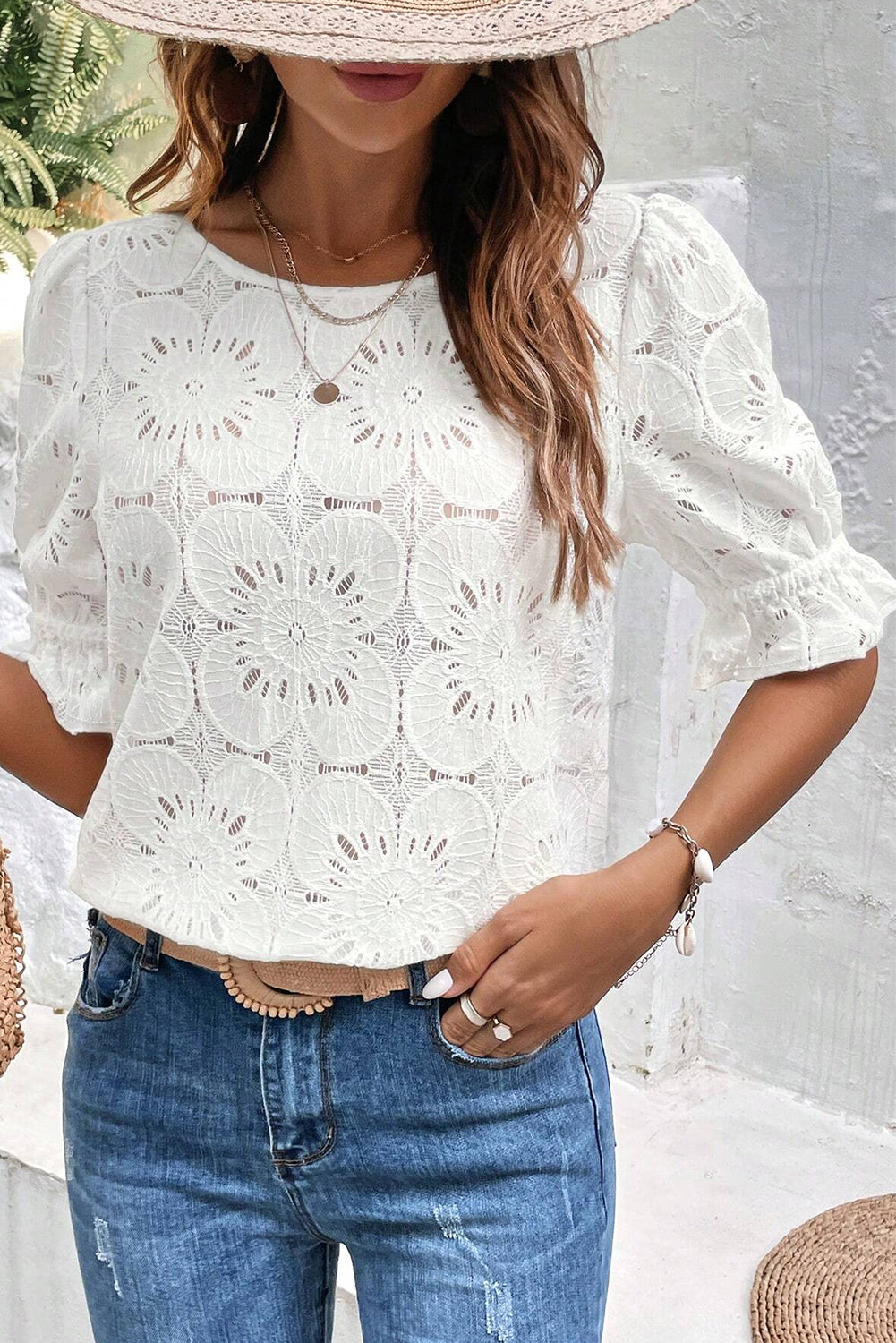 White Flower Eyelet Jacquard Keyhole Flounce Sleeve Top