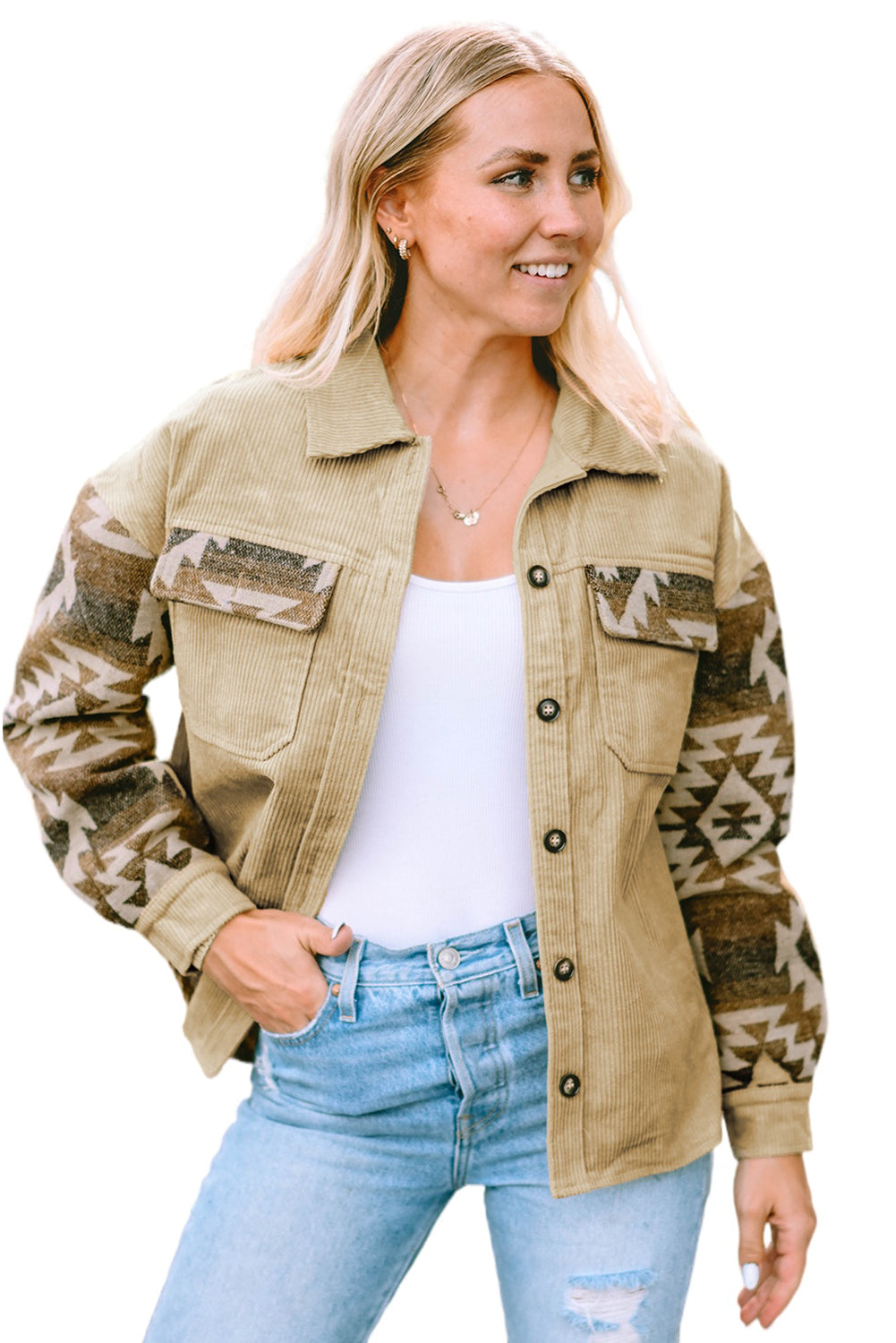 Khaki Aztec Print Patchwork Patchwork Edge Corderhoy Veste