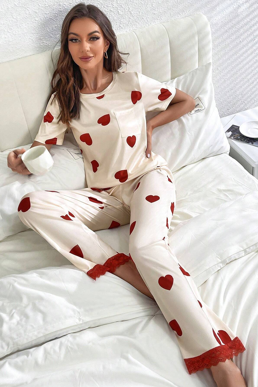 White Valentines Heart Imprimer en dentelle Hem Tee Pant