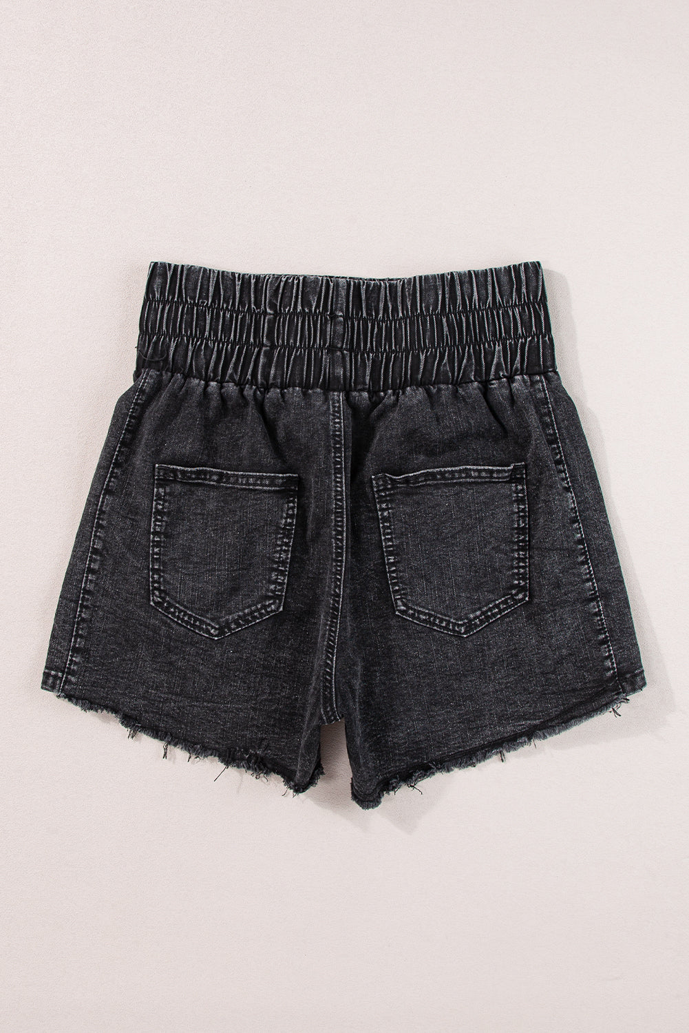 Black Smocked High Waisted Denim Shorts Mineral Wash