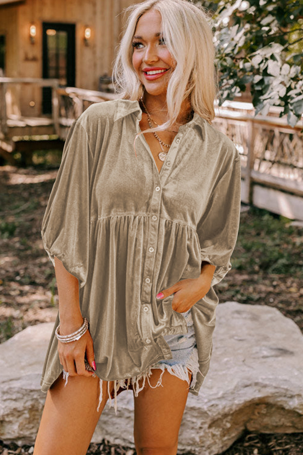 Pale Khaki 3/4 Sleeve Tunic Babydoll Velvet Shirt