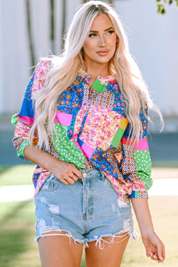 Multicolored floral print puffy sleeve shirt