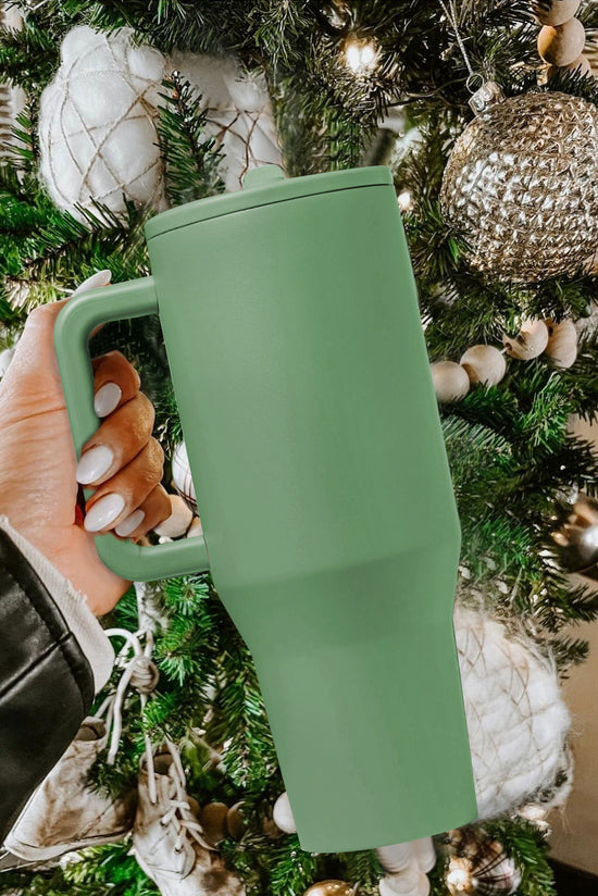 Grande tasse sous vide avec poignée en acier inoxydable givré vert foncé avec paille 40oz