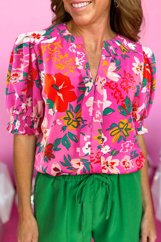 Puffy sleeve blouse and a split V -neck with pink floral print