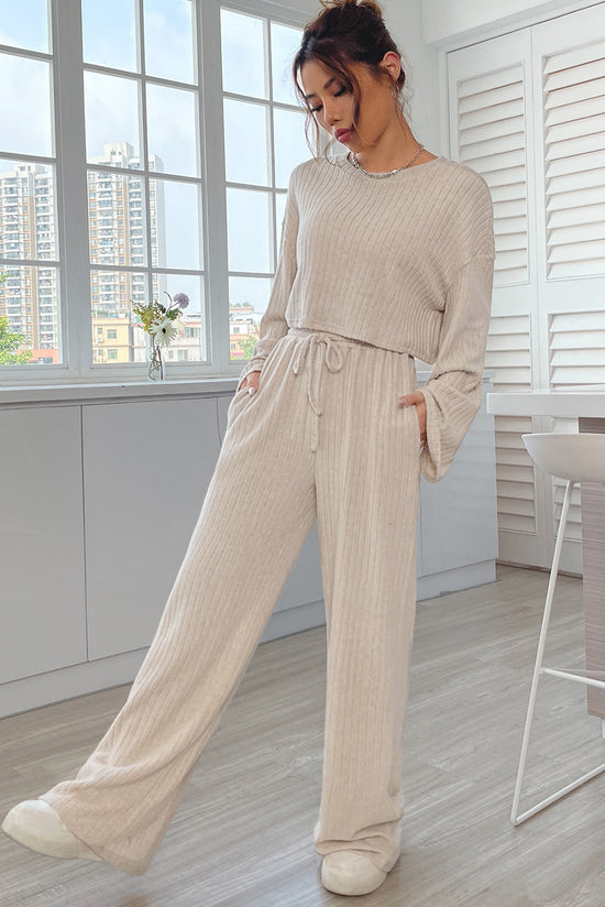 Khaki Ribbed Knit Bell Sleeve Crop Top and Drawstring Pants Set