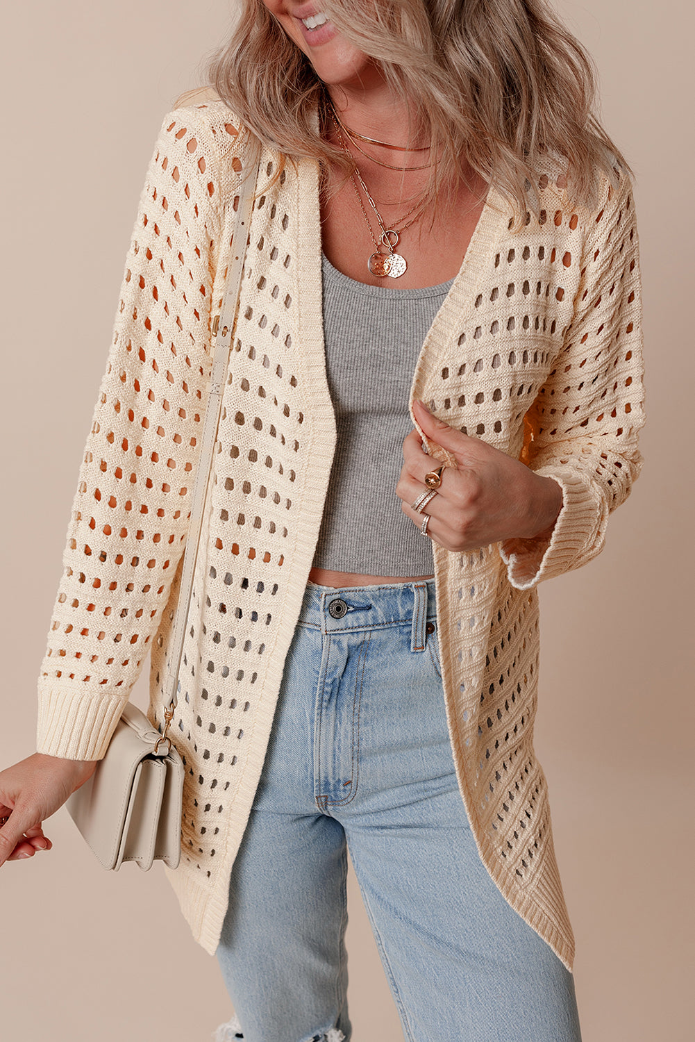 Cardigan Duster en tricot ouvert de couleur unie abricot