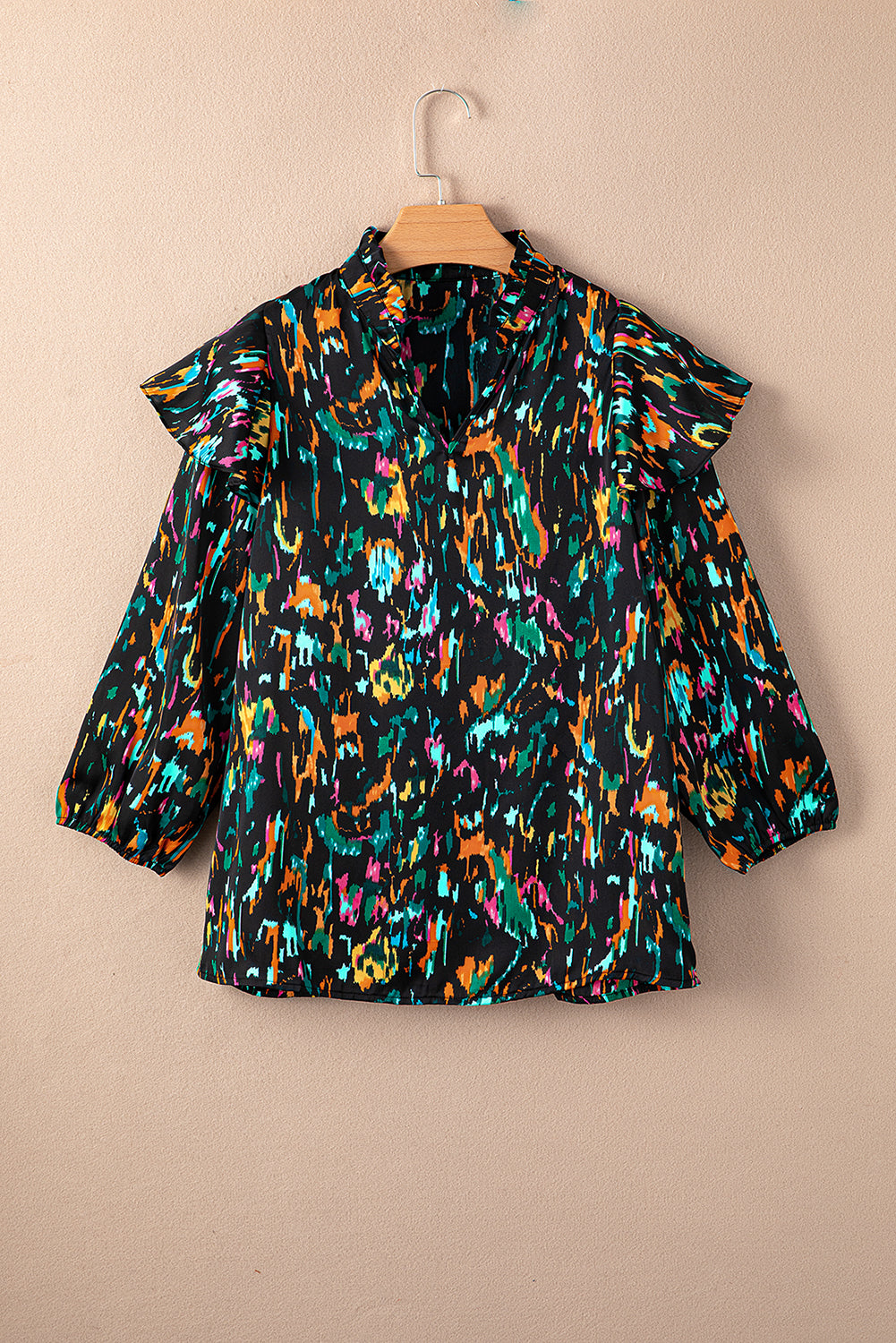 Blusa de volante de la manga de impresión abstracta multicolor 3/4