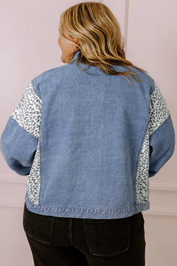 Beau Blue - Plus Size Denim Jacket with Flap Detail and Leopard Patchwork